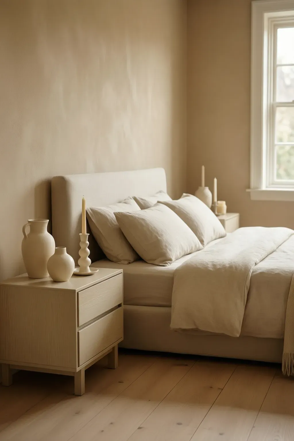 Elegant ceramic decor pieces in cream shades on nightstands in a cozy bedroom.