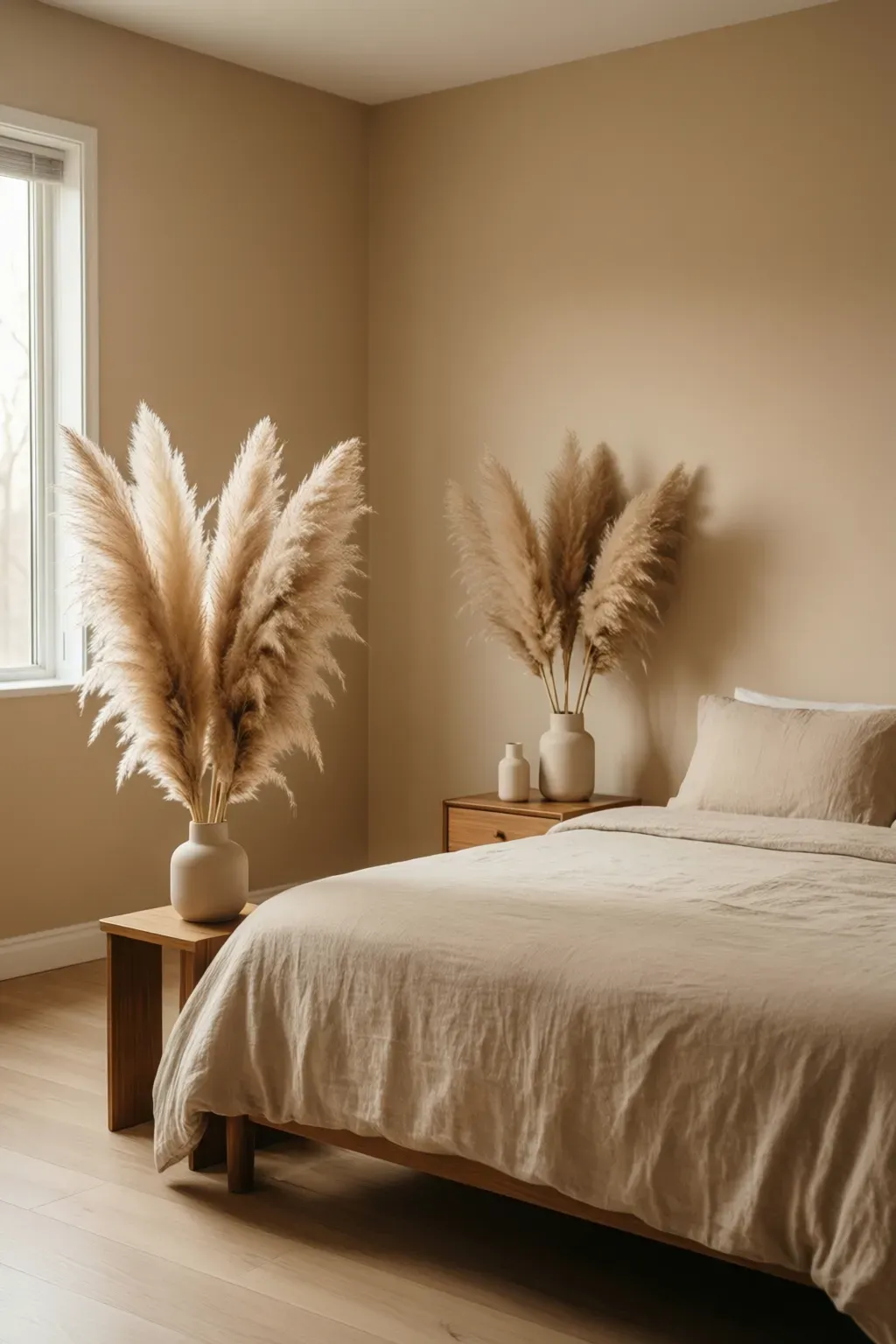 Chic pampas grass arrangements in simple vases on nightstands in a cozy bedroom.