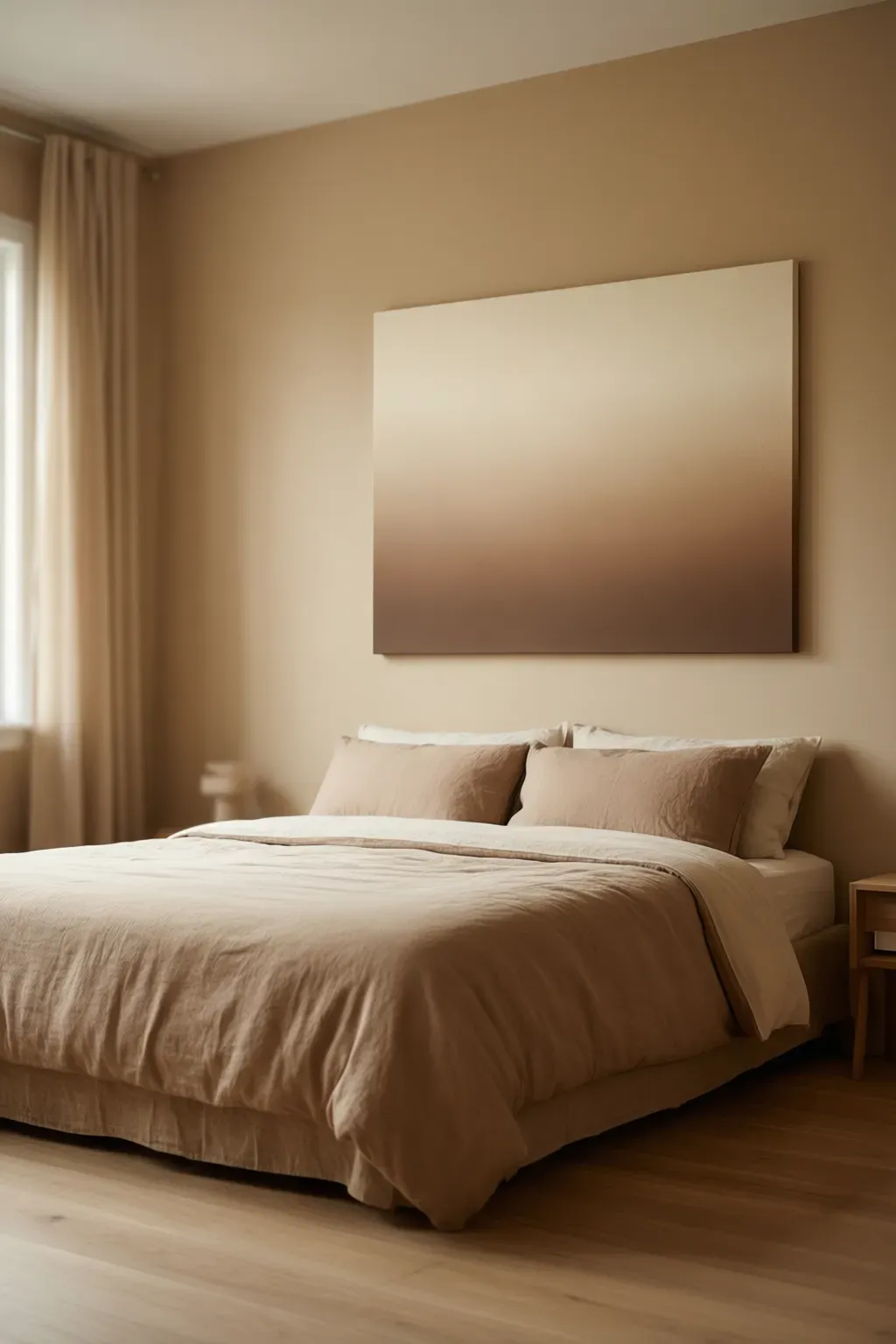 Artwork with neutral color gradients enhancing the cozy aesthetic of a bedroom.