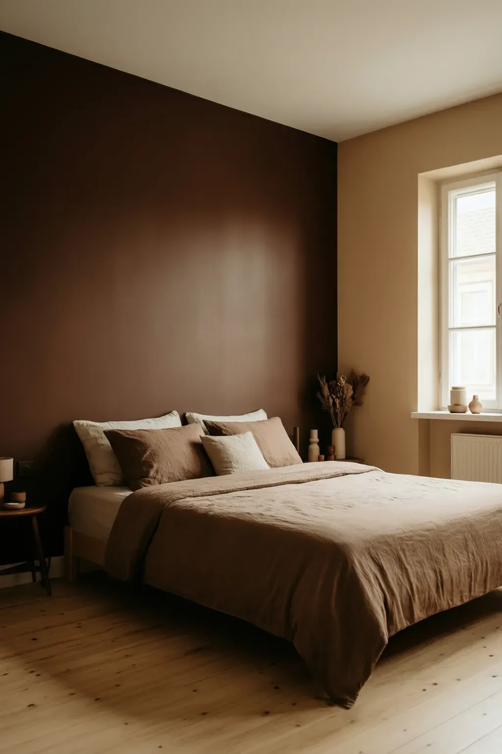 A cozy bedroom with a rich mocha accent wall enhancing the warm aesthetic.