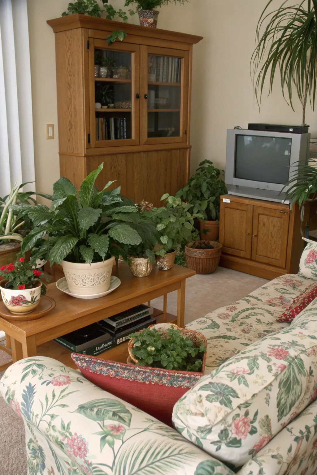 A cozy 1990s living room featuring ceramic houseplants in colorful pots.