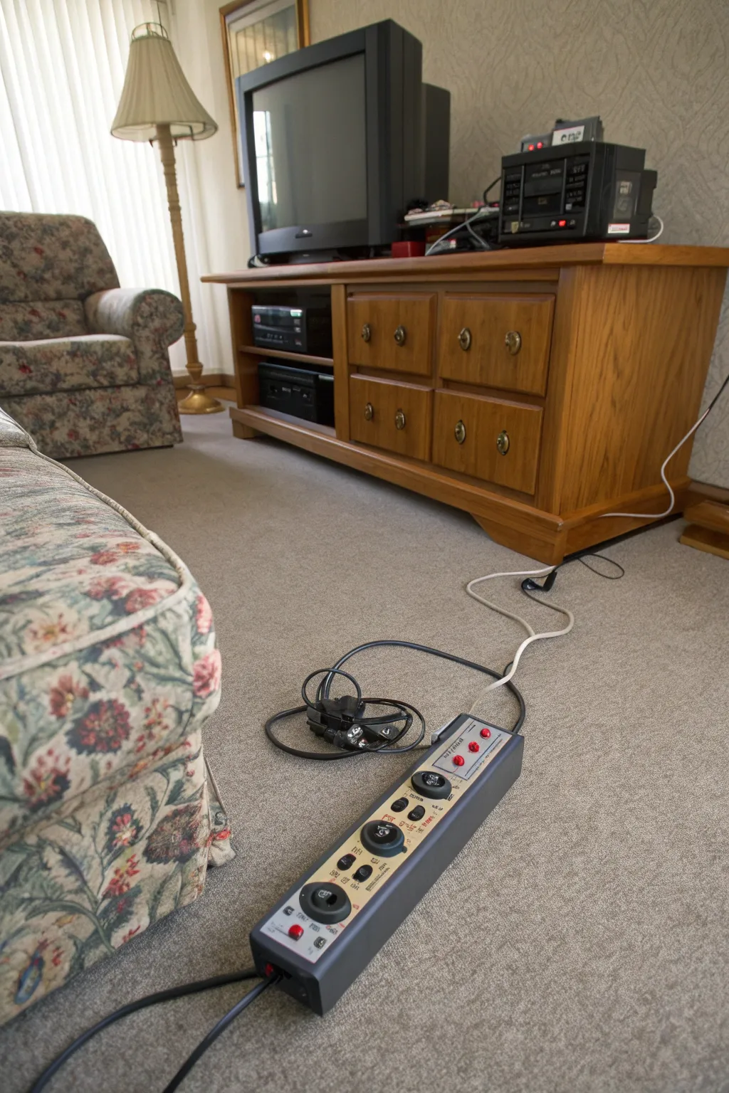 A power strip with tangled AV cables in a cozy 1990s living room.