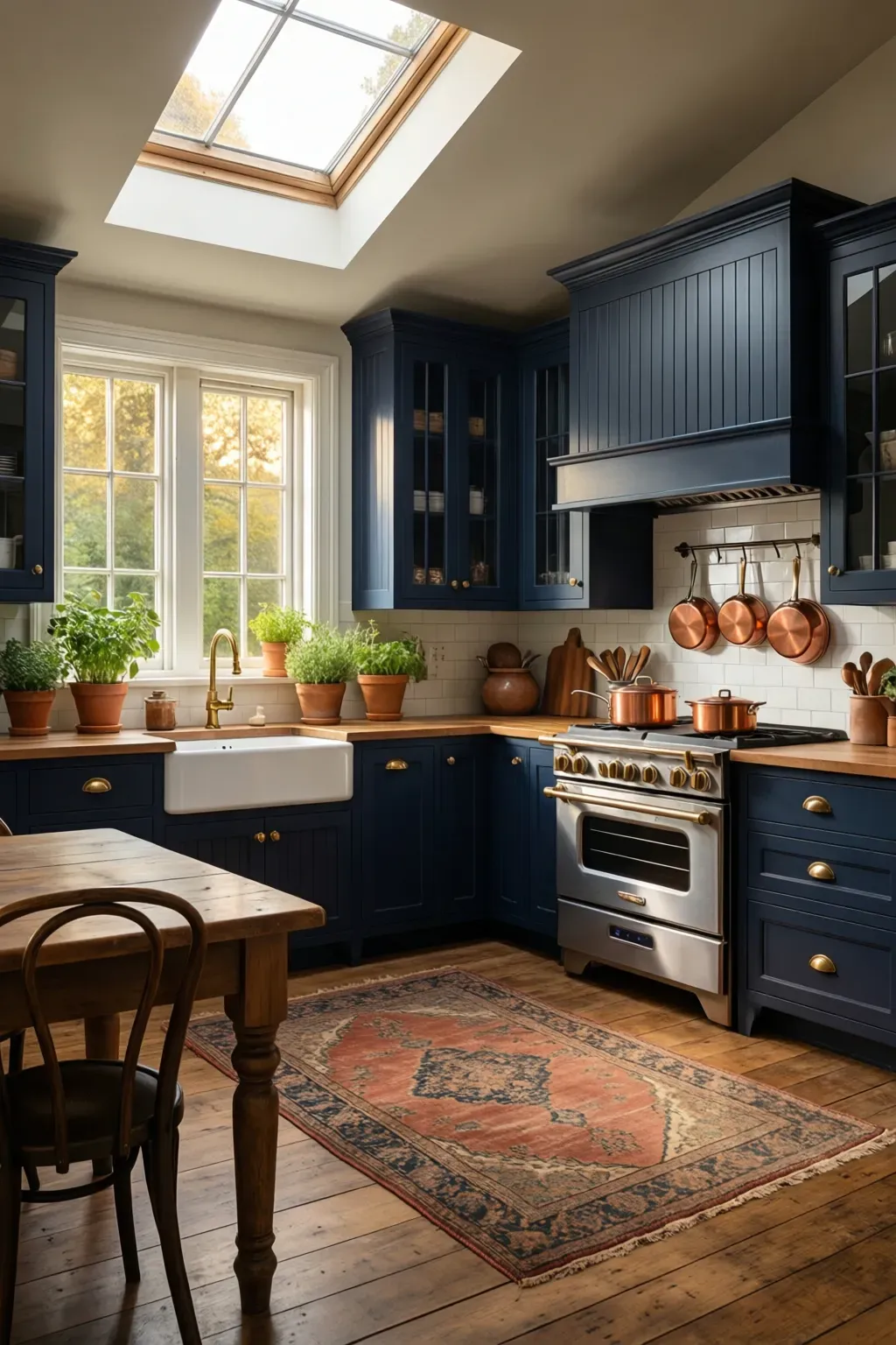 A cozy U-shaped kitchen featuring deep navy cabinets and warm butcher-block countertops.