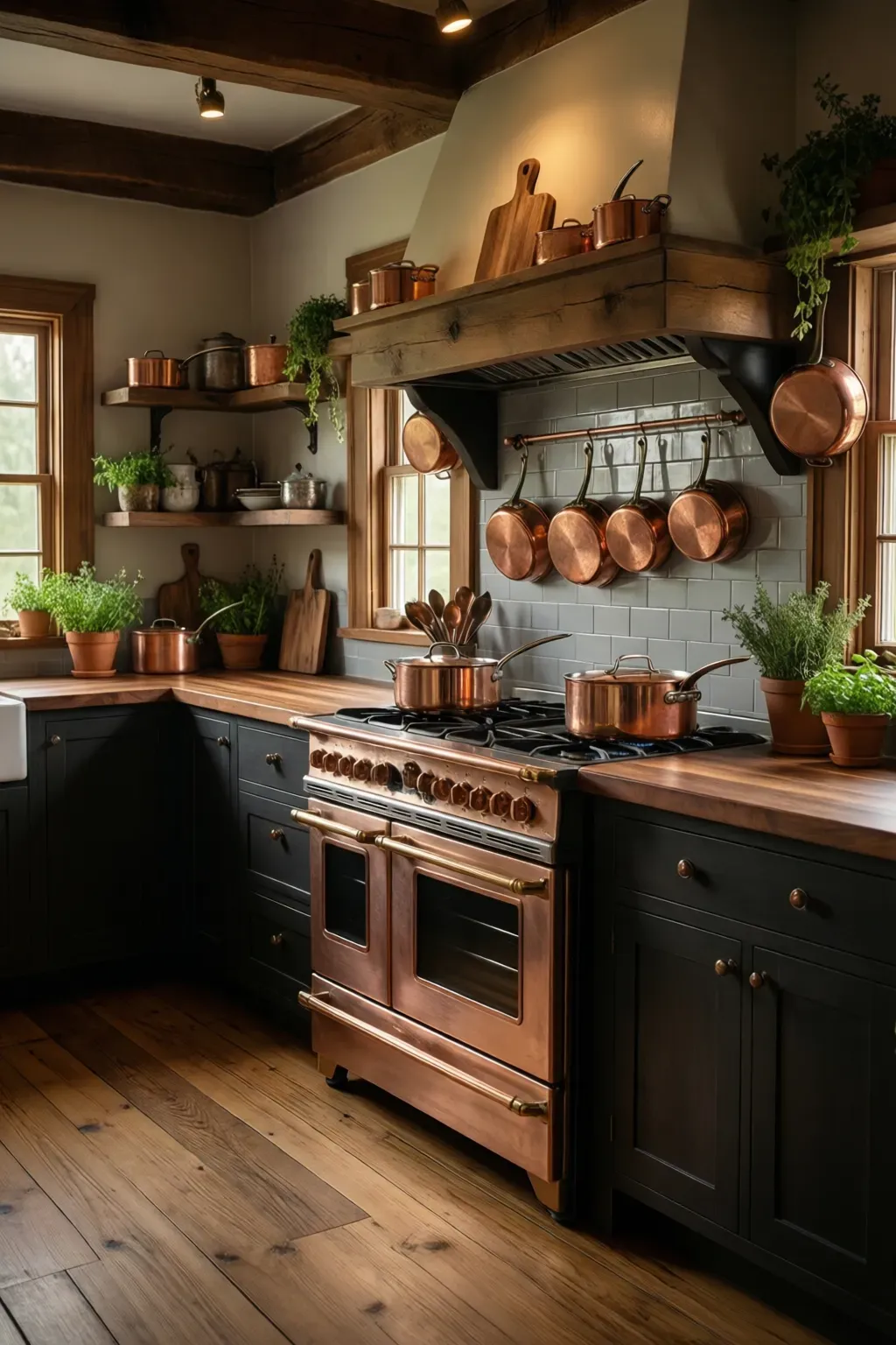 A rustic kitchen featuring a freestanding gas range with shiny copper cookware displayed above.