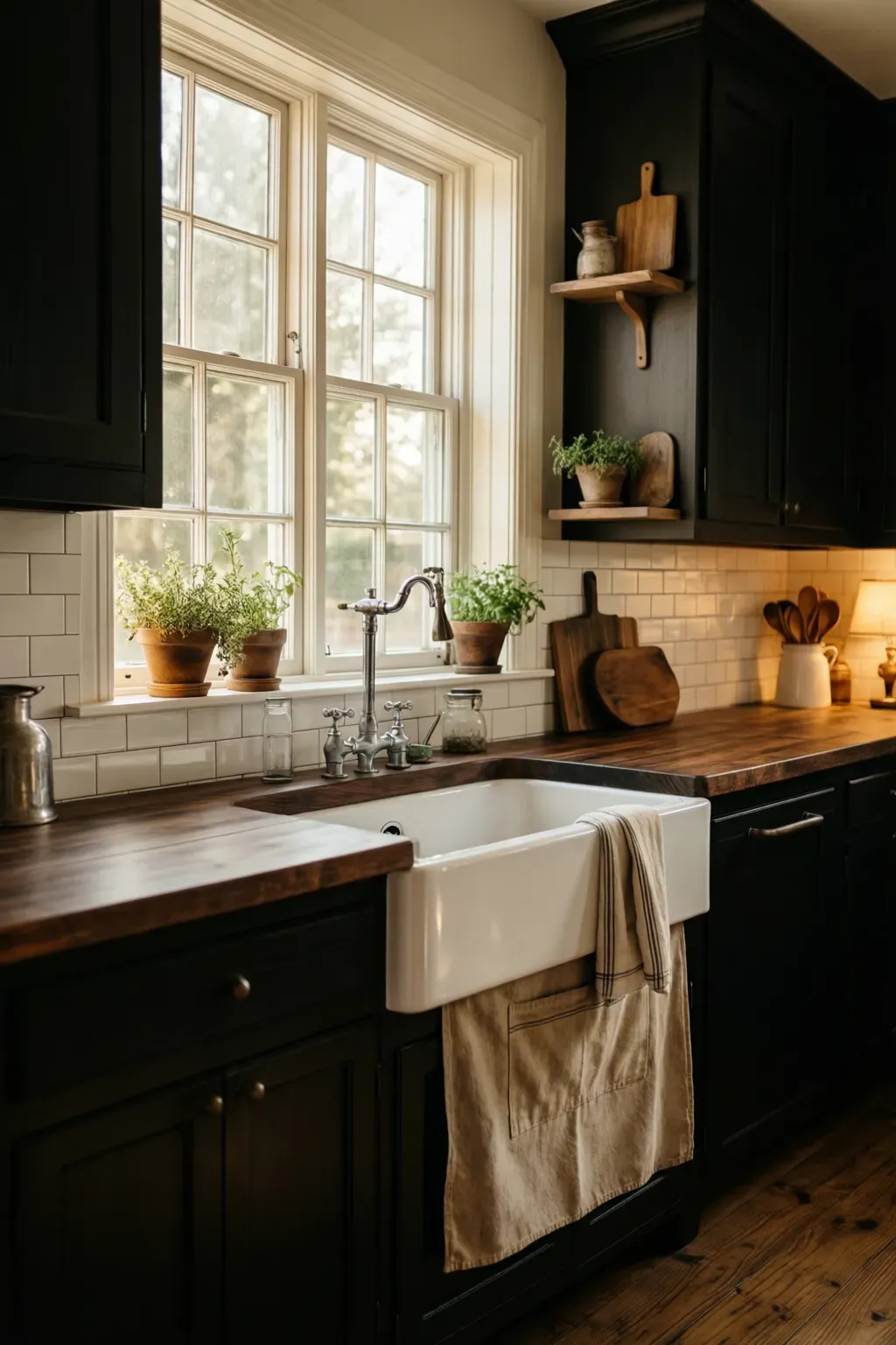 A cozy farmhouse apron sink under multi-pane windows, illuminated by natural light.