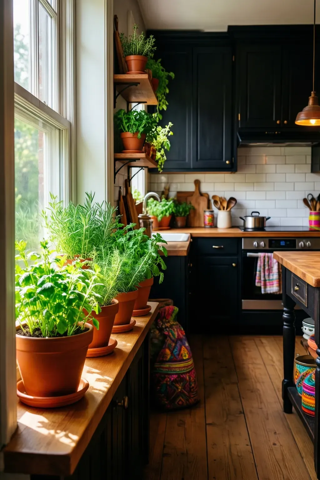 Terracotta pots filled with fresh herbs on a kitchen windowsill, brightening the space.