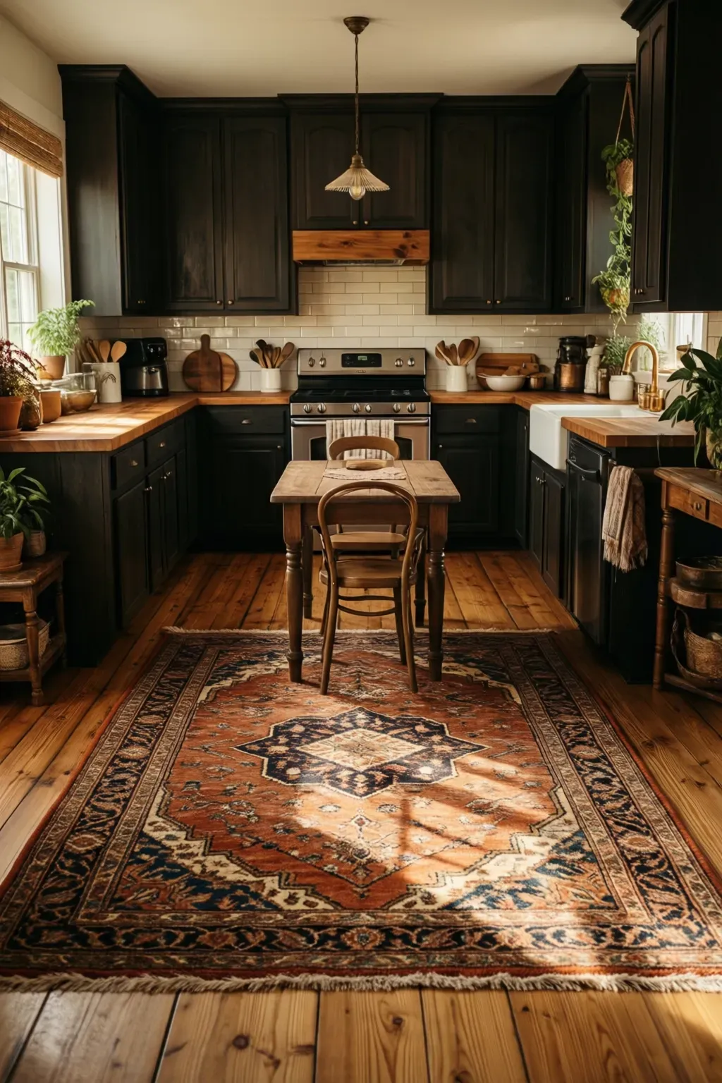 A vintage Persian-style rug on wide-plank flooring, adding warmth to a cozy kitchen.