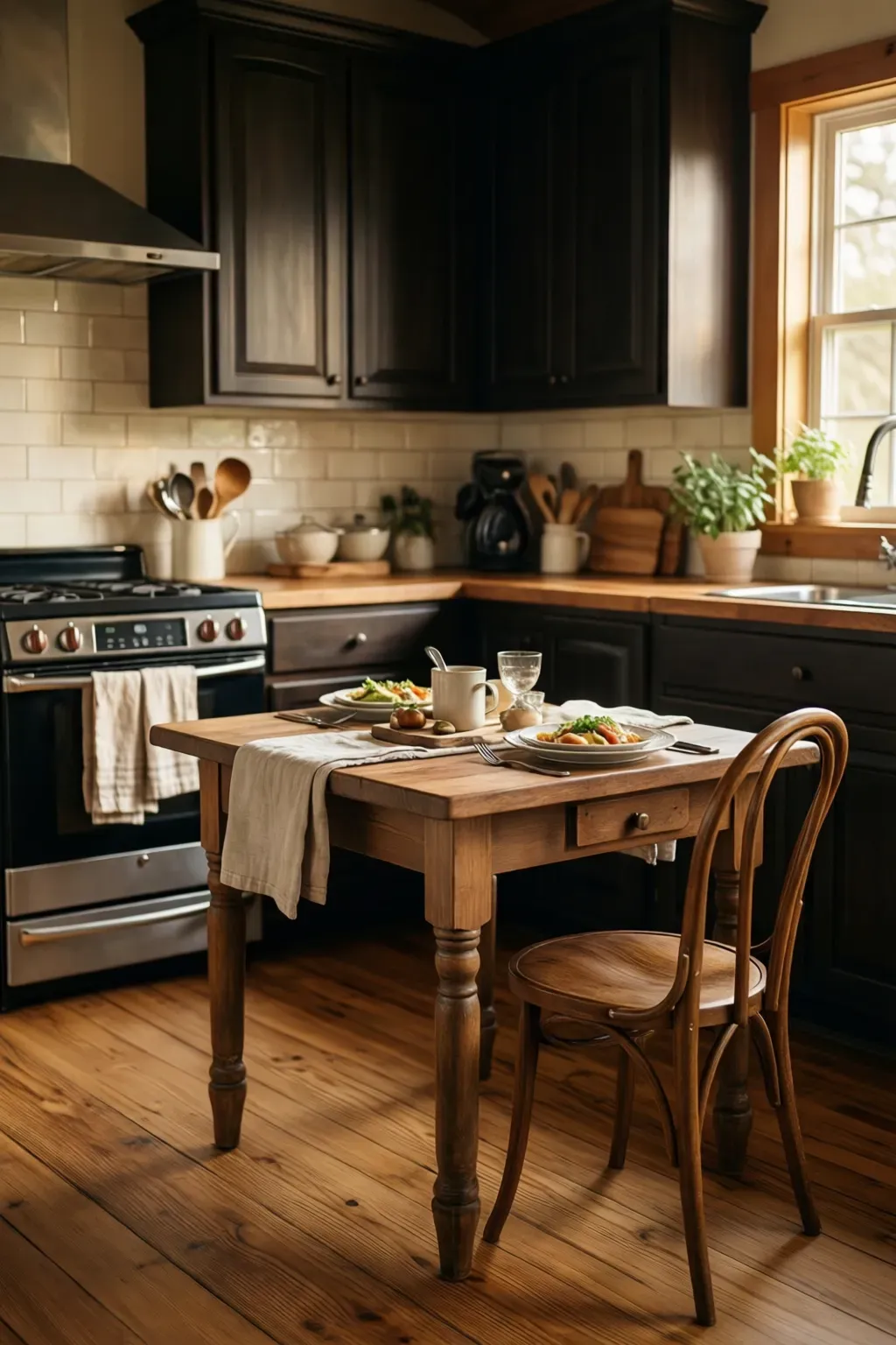 A small farmhouse table paired with a bentwood café chair in a cozy kitchen nook.