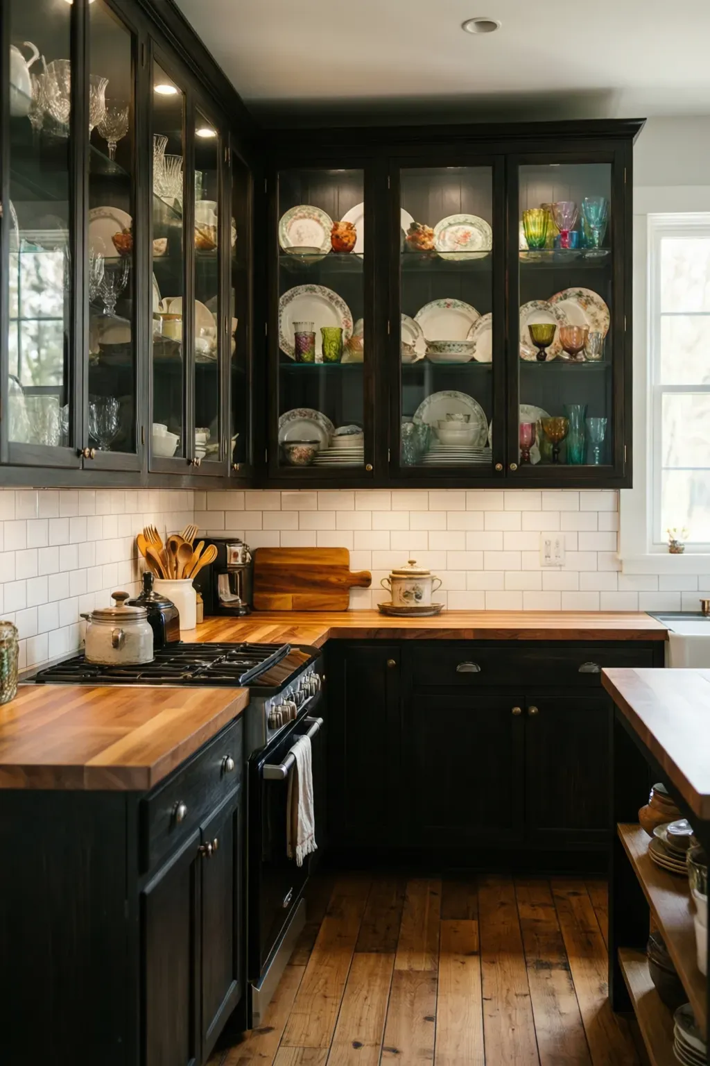 Glass-front upper cabinets displaying colorful kitchenware in a dark boho kitchen.