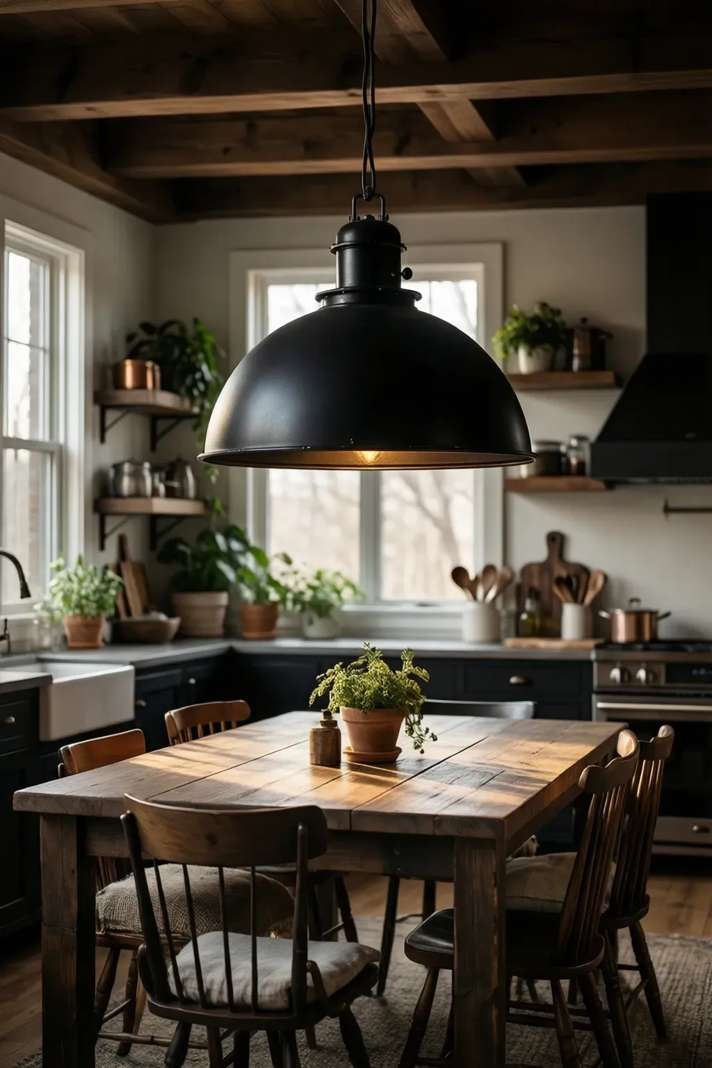 An industrial dome pendant light hanging over a rustic wooden dining table in a dark boho kitchen.