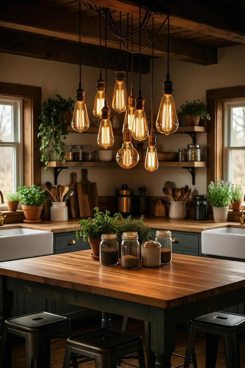 Clusters of exposed Edison-bulb pendants illuminating a warm and inviting kitchen island.