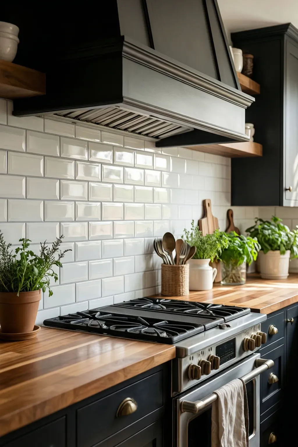 A glossy white subway tile backsplash with light gray grout in a dark kitchen setting.