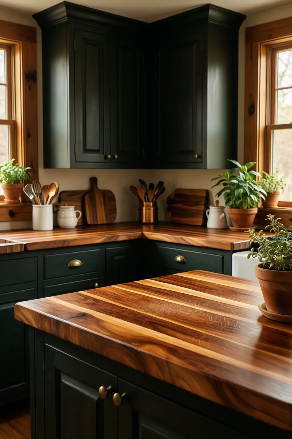 Rich warm butcher-block countertops contrasting with dark cabinetry in a rustic kitchen.