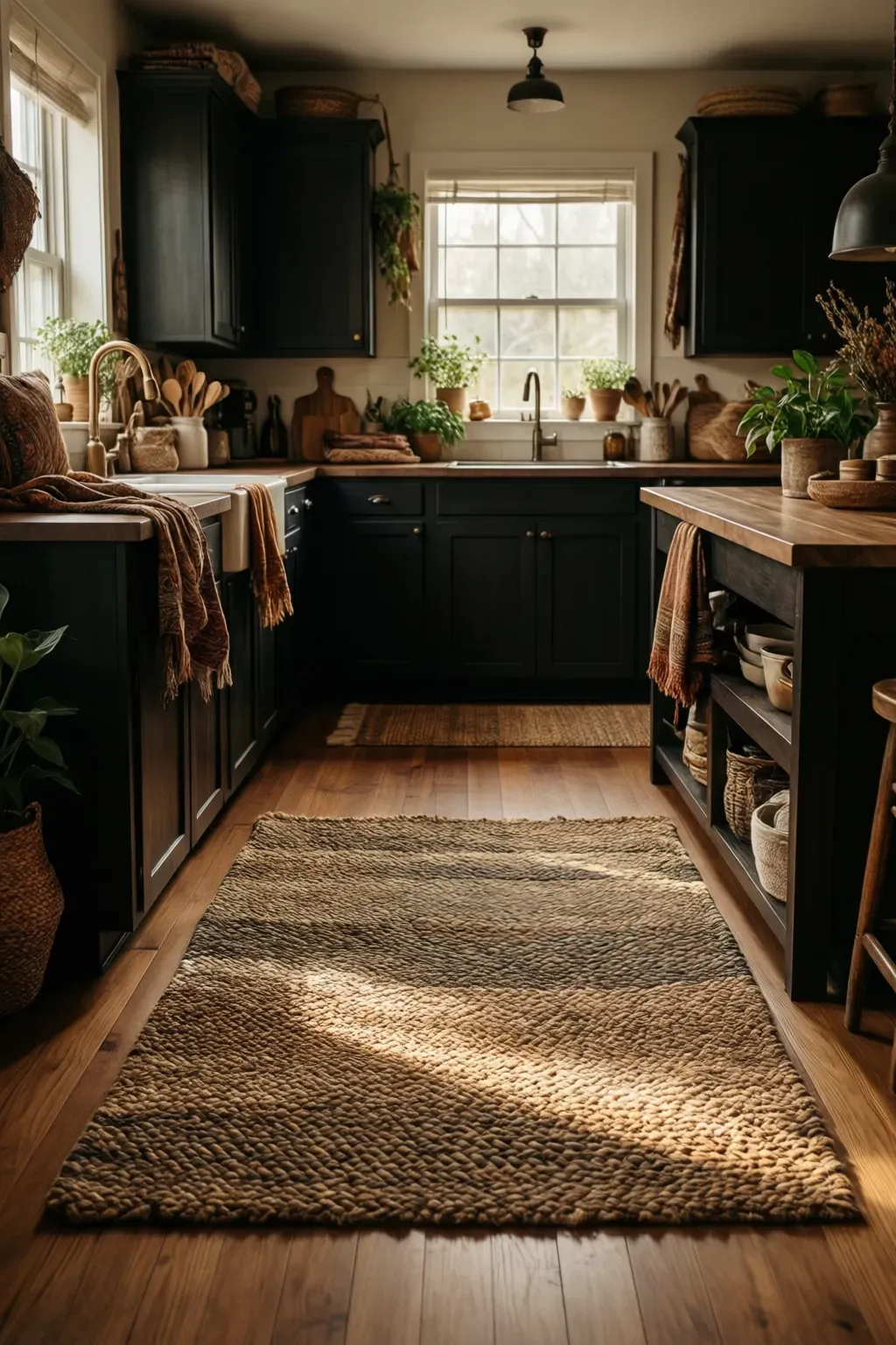 Layered textures in a rustic kitchen featuring woven rugs over smooth wood flooring.