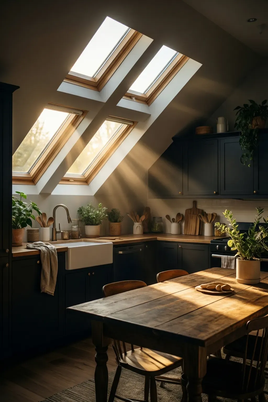 Natural sunlight flooding a dark boho kitchen through skylights, illuminating the space.