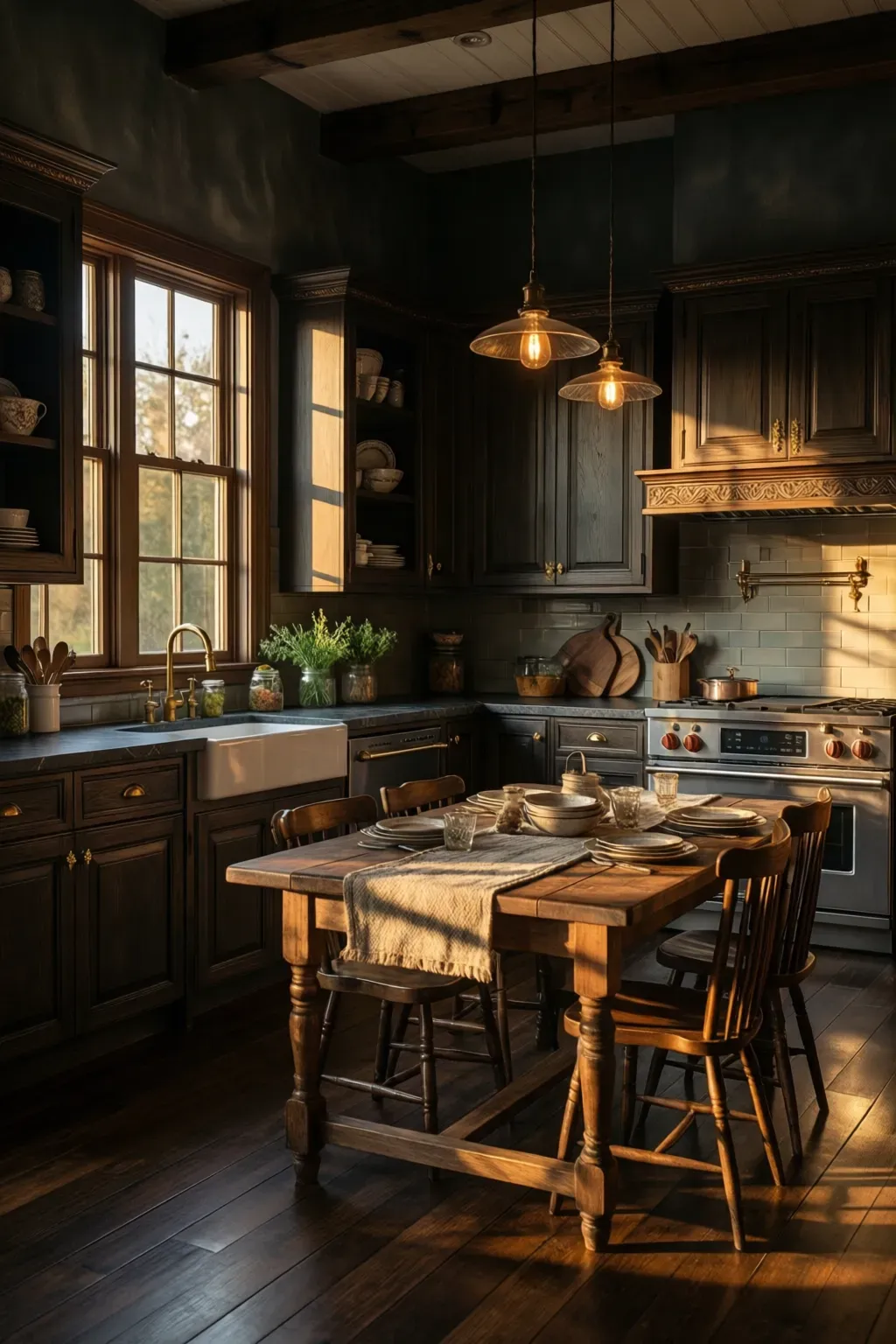A cozy kitchen with long diagonal shadows during golden hour, showcasing dark wood cabinetry.
