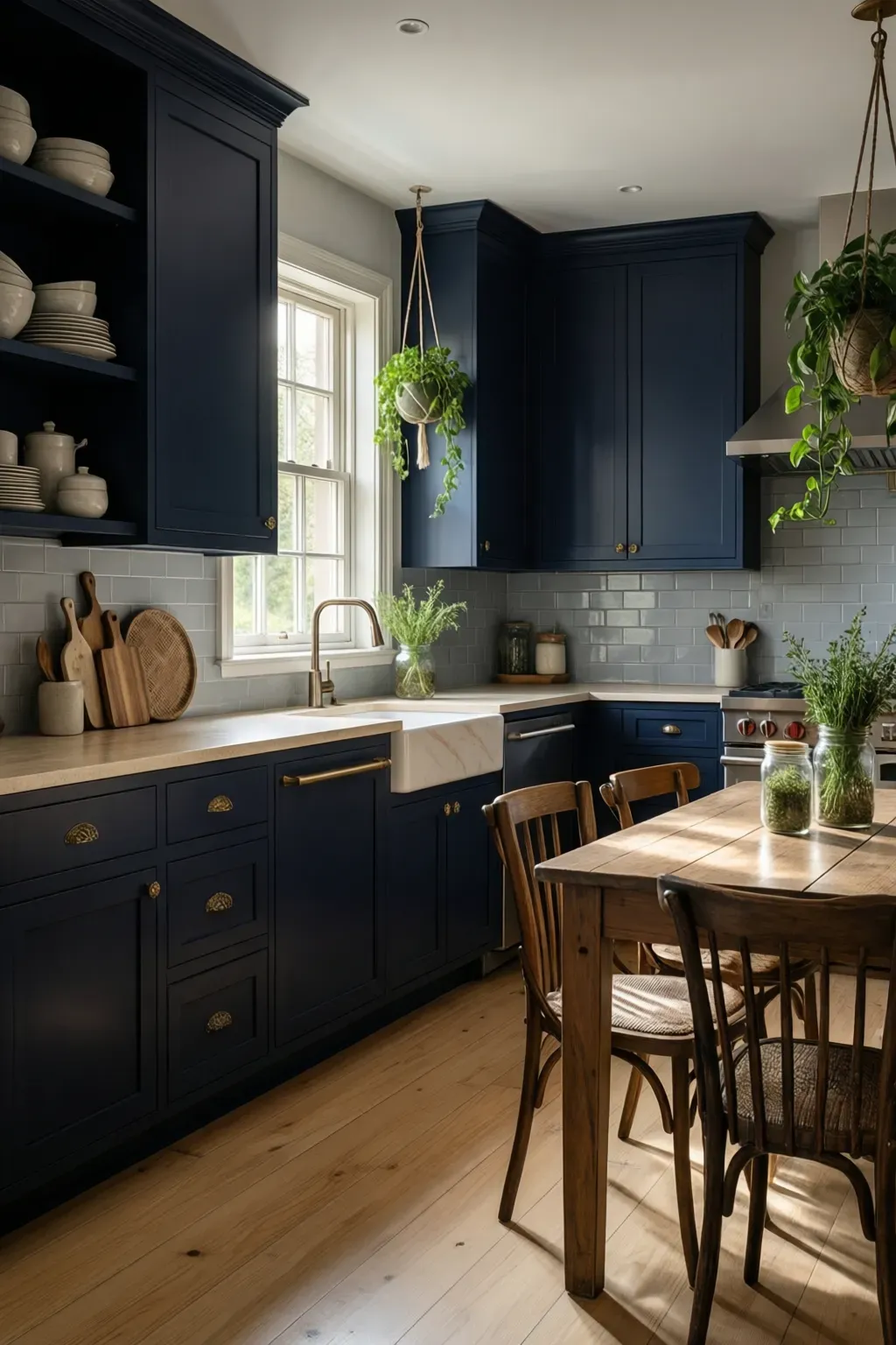 A kitchen featuring a mix of dark navy cabinets and light countertops, creating a balanced aesthetic.