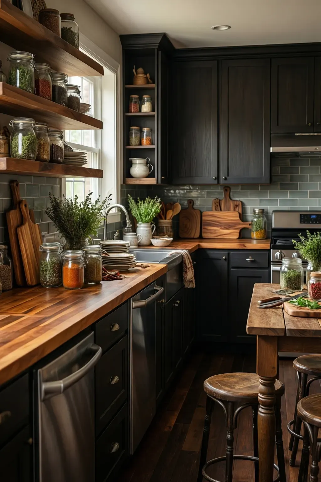 A cozy kitchen countertop adorned with decorative cutting boards and glass jars filled with herbs.