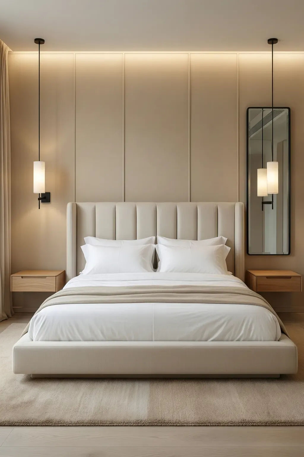 A serene bedroom featuring a warm beige paneled wall and a large white bed.