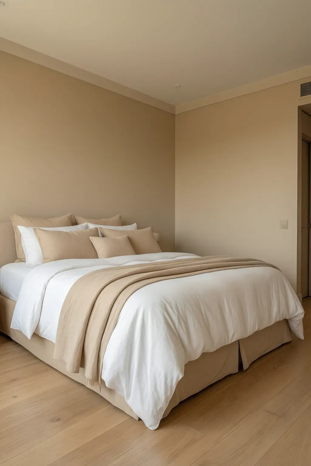 A cozy bedroom showcasing crisp white bedding with beige accents and soft textures.