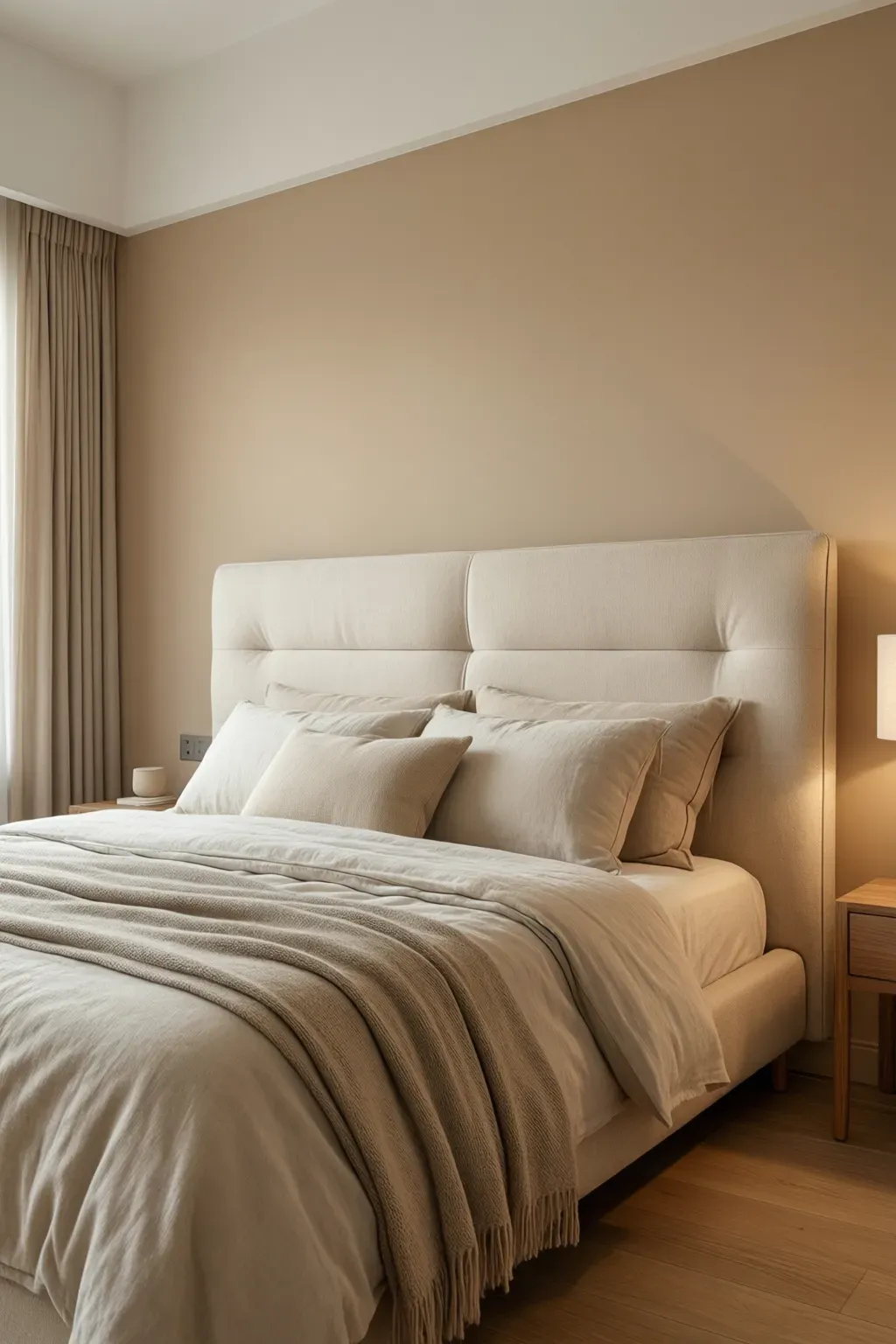 A stylish bedroom featuring a light beige upholstered headboard and soft linens.
