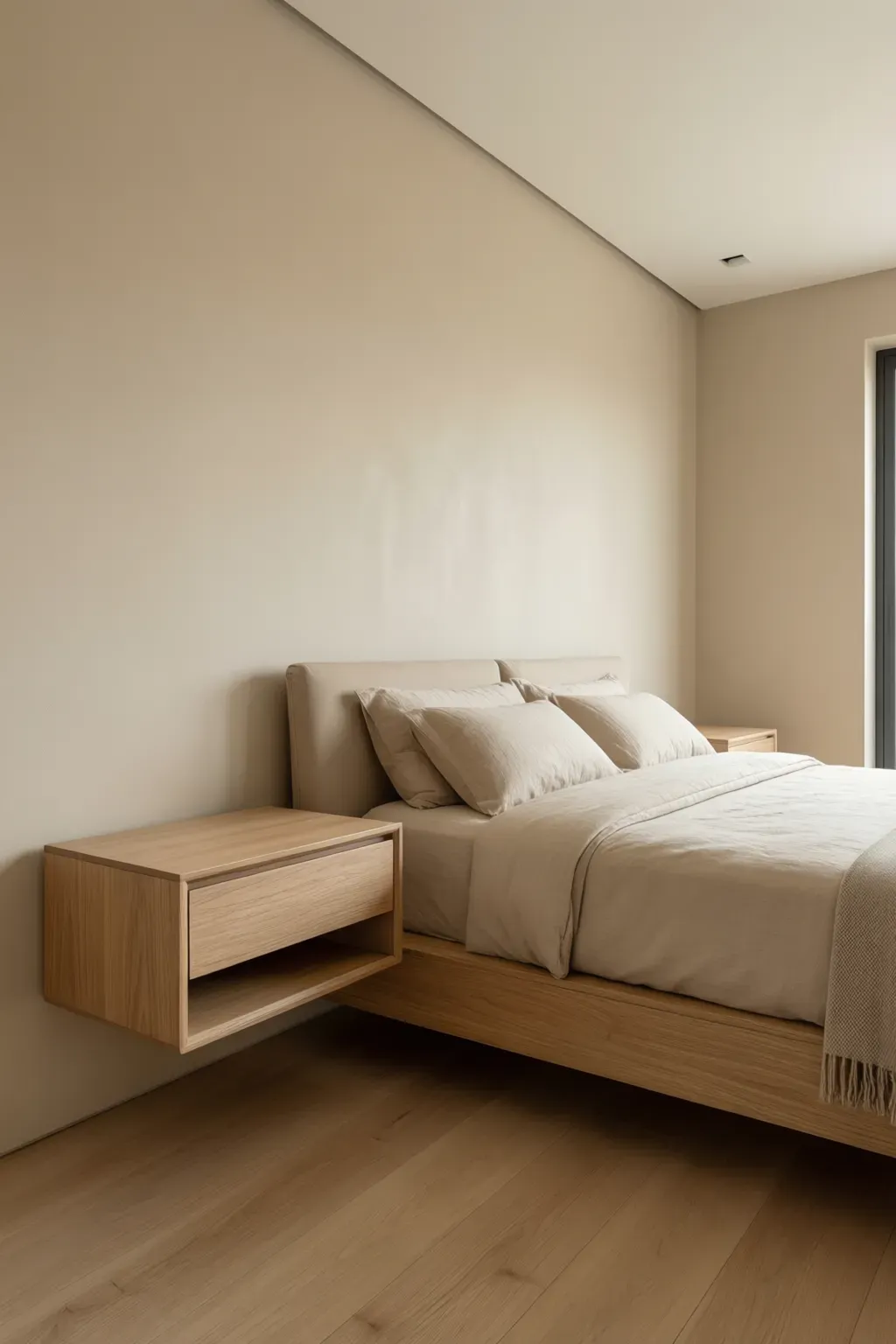 A modern bedroom featuring floating light oak nightstands against a beige backdrop.