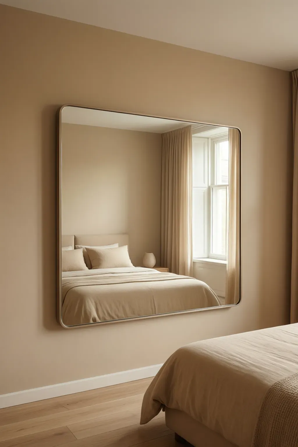 A minimalist bedroom featuring a sleek wall-mounted mirror against a beige backdrop.