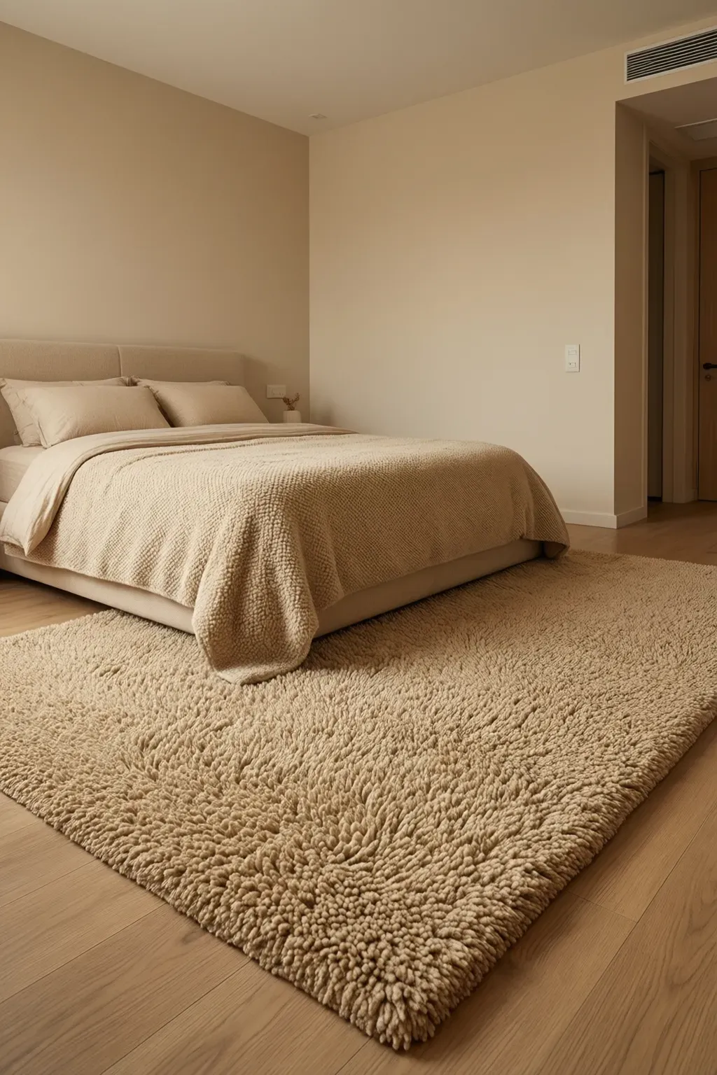 A cozy bedroom featuring a textured oatmeal area rug that adds warmth and comfort.