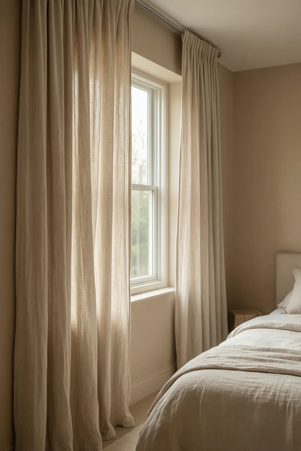 A cozy beige bedroom with elegant floor-to-ceiling linen blend drapes filtering soft natural light.