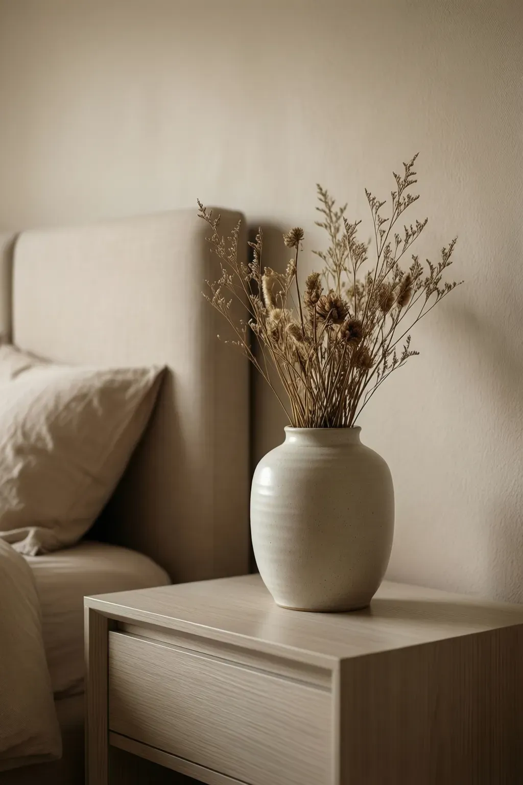 A minimalist ceramic vase with dried stems on a nightstand in a cozy beige bedroom.