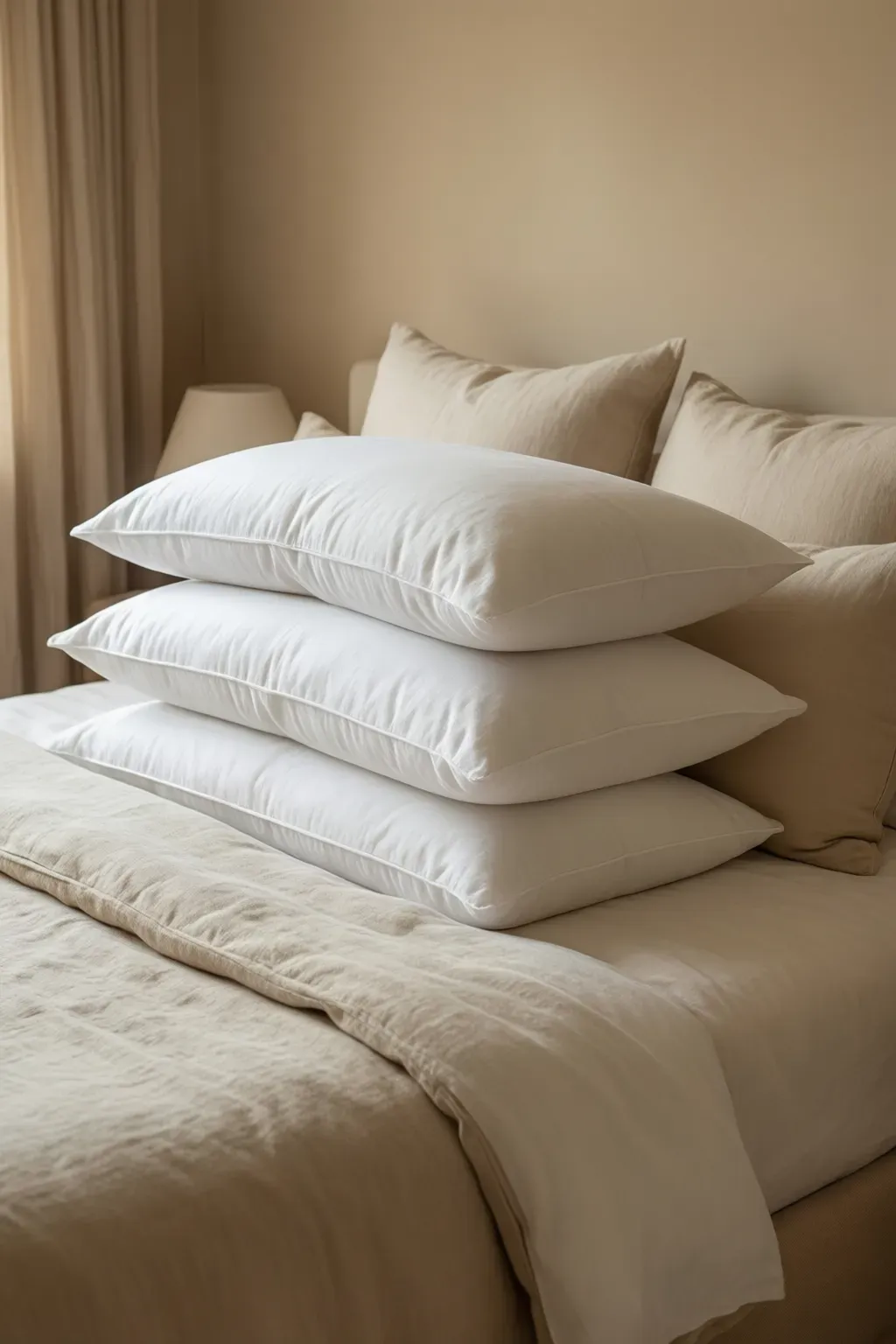 An inviting arrangement of white euro and standard pillows on a bed in a cozy beige bedroom.