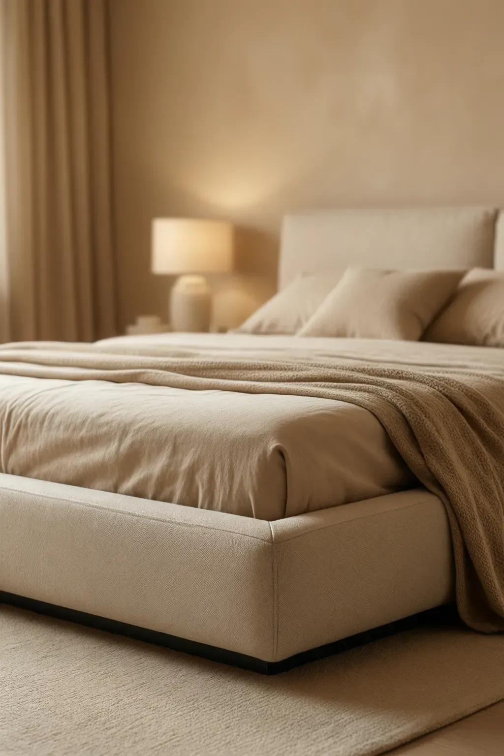 A low-profile upholstered bed frame in a light beige bedroom, adding a modern touch.