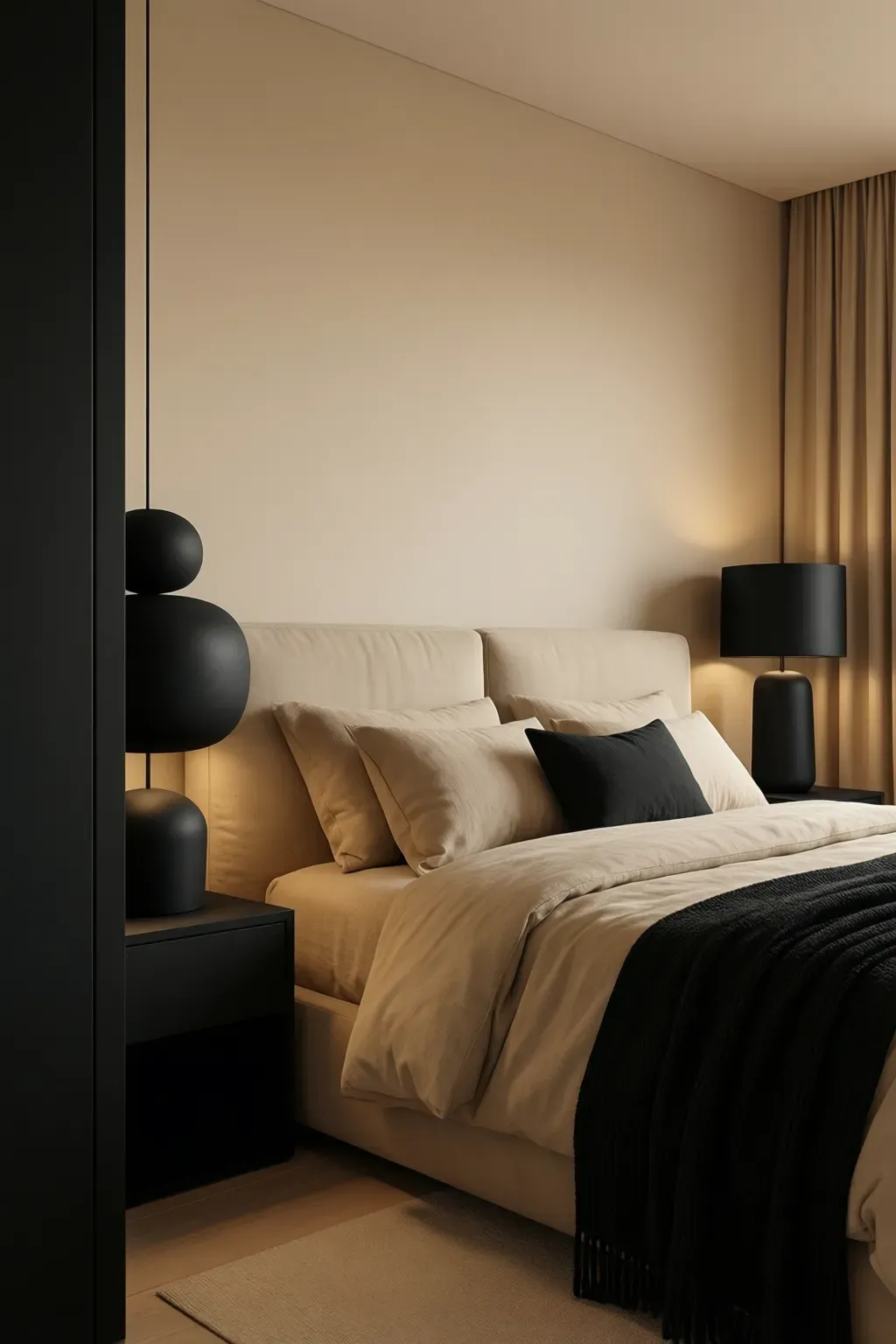 Matte black accents in a cozy beige bedroom, providing a striking contrast to the decor.
