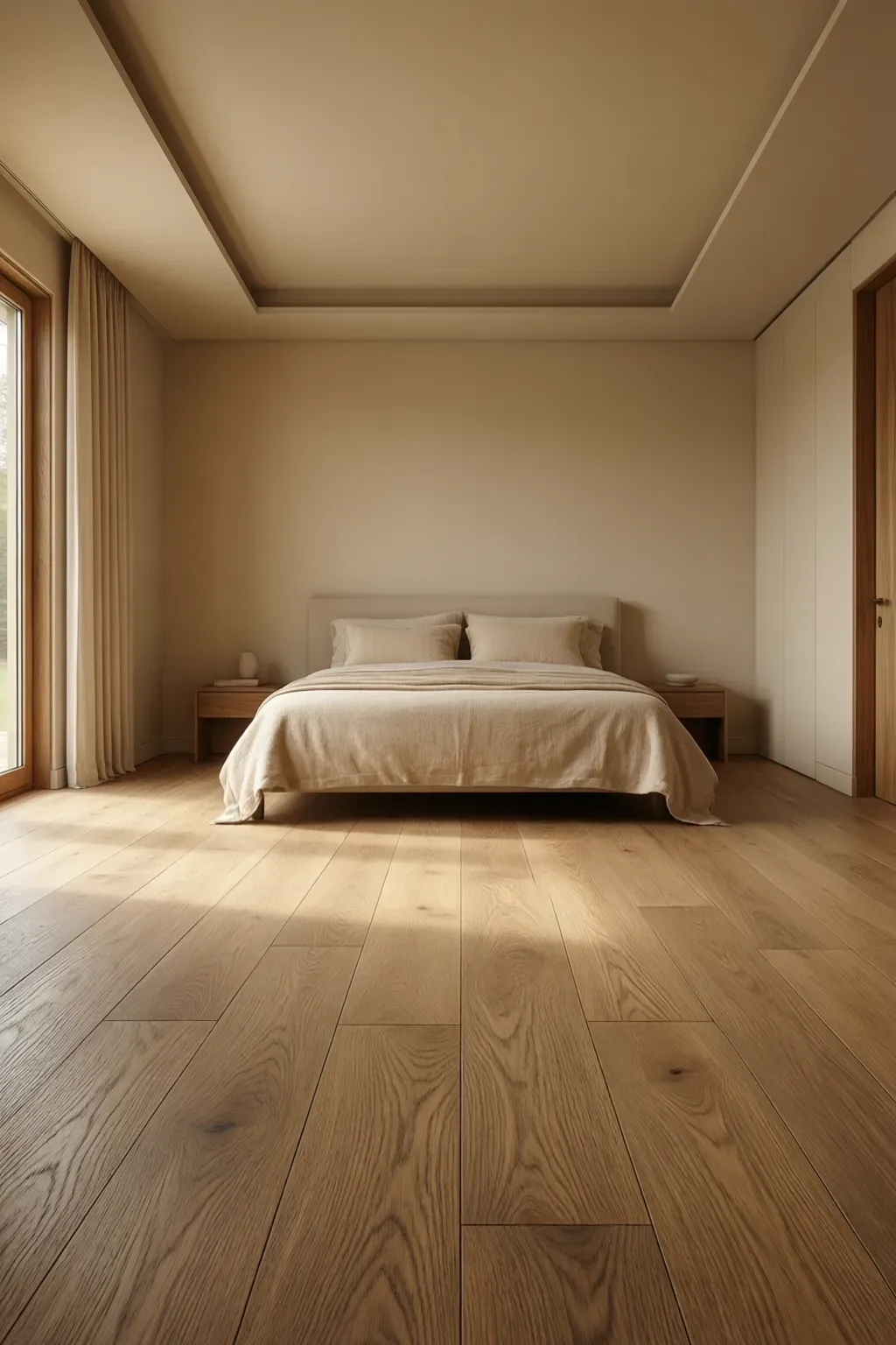 A modern beige bedroom showcasing natural oak wood flooring in a serene setting.