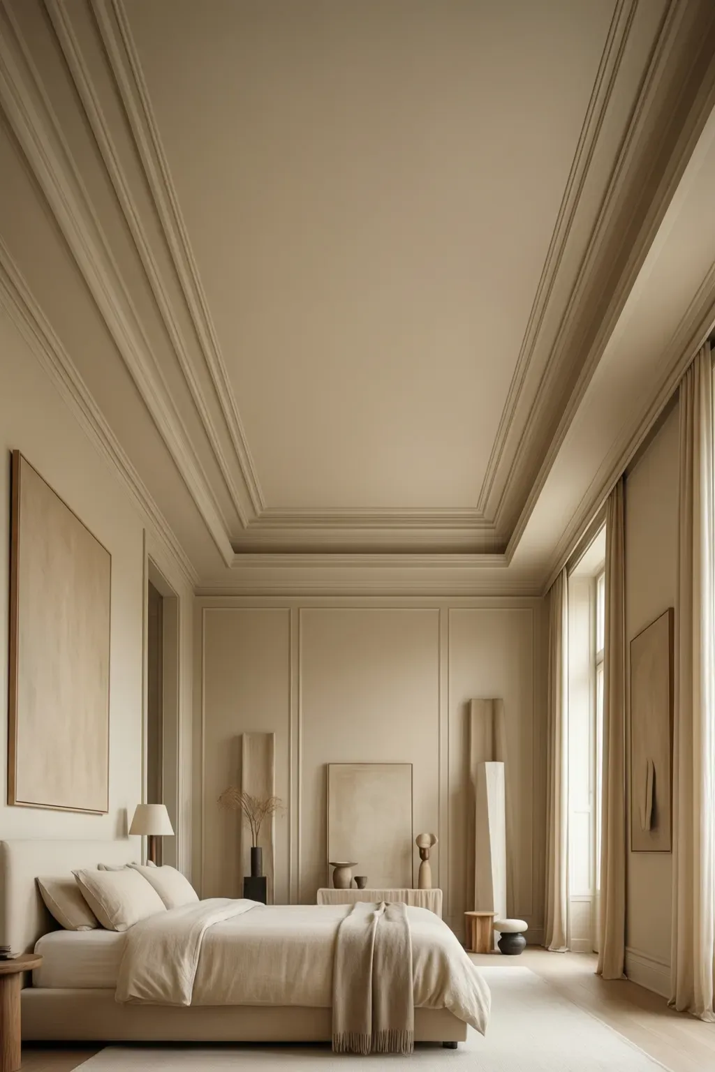 A minimalist beige bedroom with high ceilings and clean lines, creating an airy atmosphere.