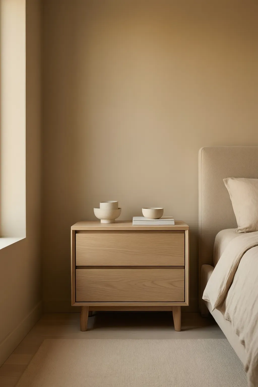 A minimalist nightstand in a beige bedroom, styled simply for a peaceful and organized look.