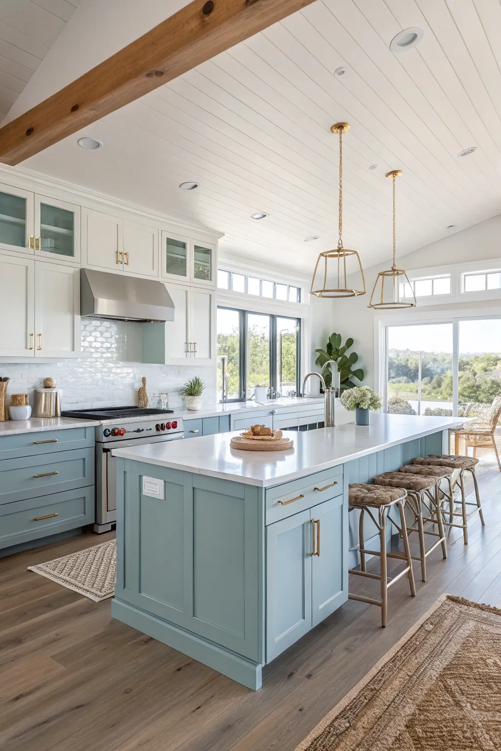 A coastal kitchen featuring sky-blue shaker cabinets, white quartz countertops, and rattan accents.