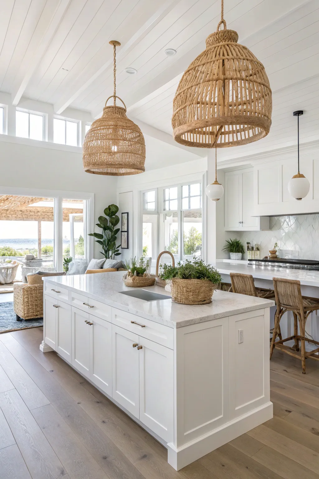 A kitchen featuring woven rattan dome pendants above a bright island, enhancing the coastal vibe.