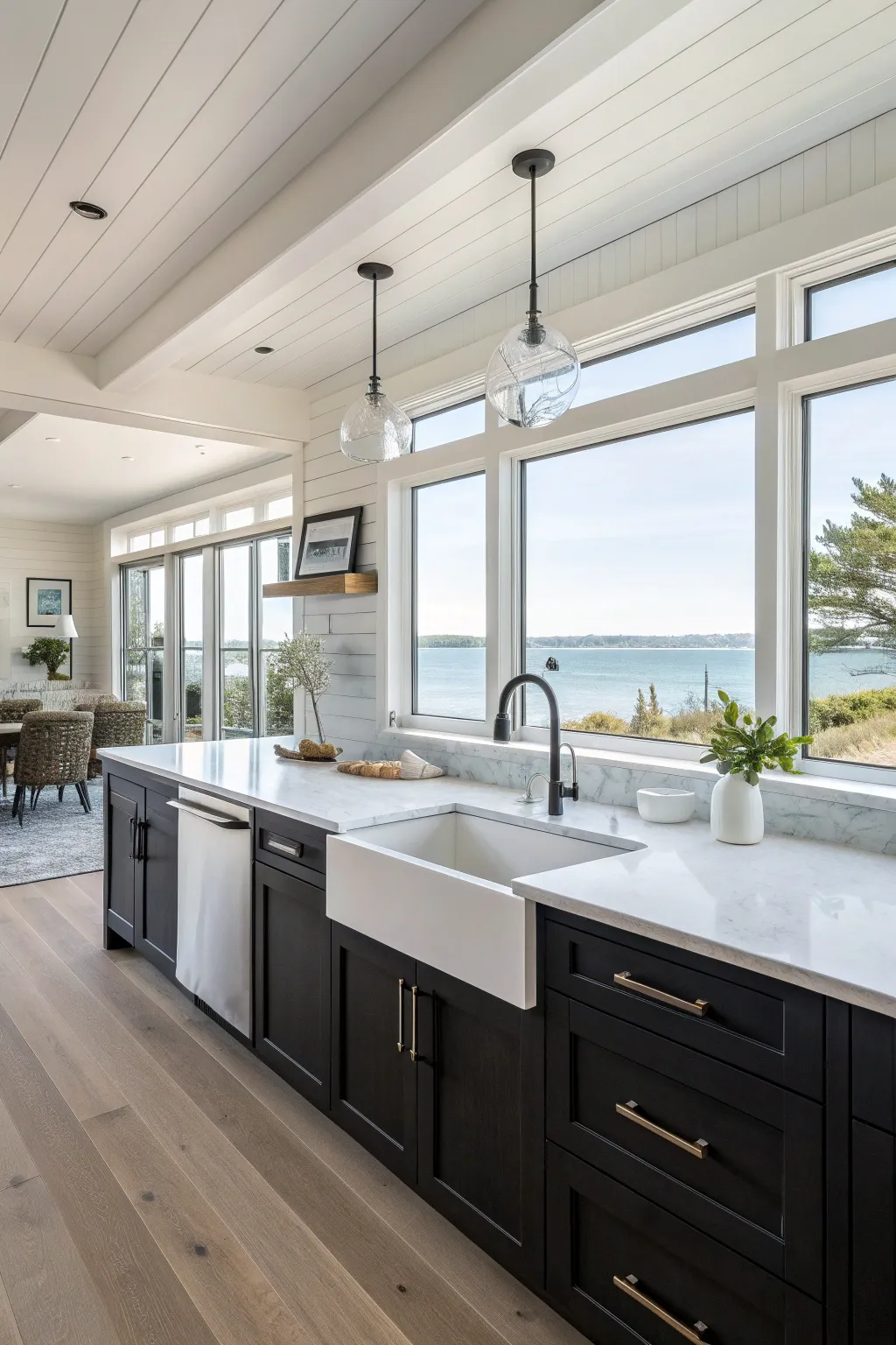 A modern coastal kitchen showcasing white quartz countertops and dark wood cabinetry.