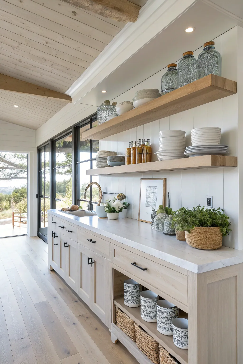 A coastal kitchen featuring light-wood floating shelves styled with ceramics and herbs.