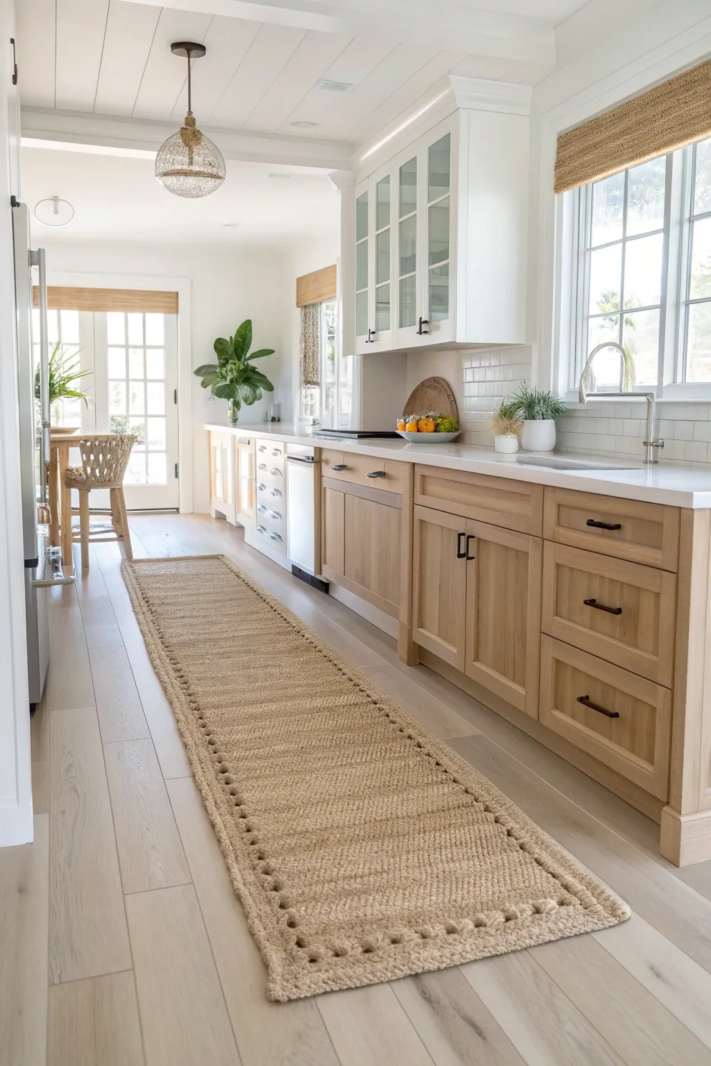 A kitchen featuring a jute runner rug that adds warmth and texture to the coastal decor.