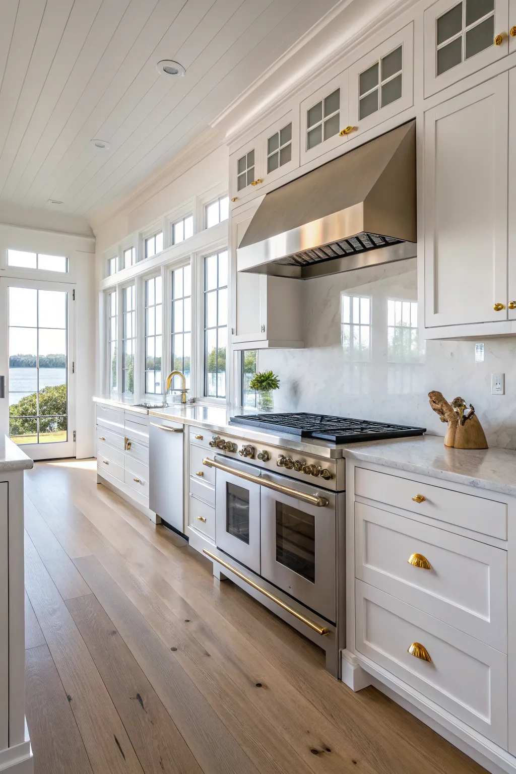 A modern coastal kitchen featuring stainless steel appliances and brass accents.