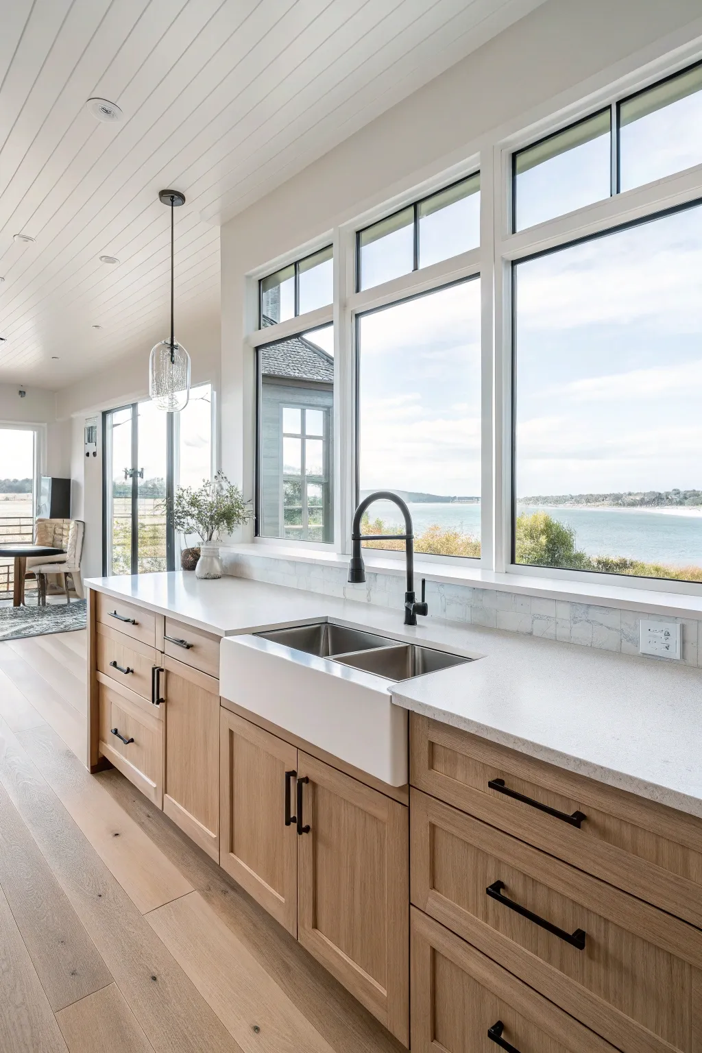 A modern coastal kitchen showcasing an under-mount sink with a gooseneck faucet.
