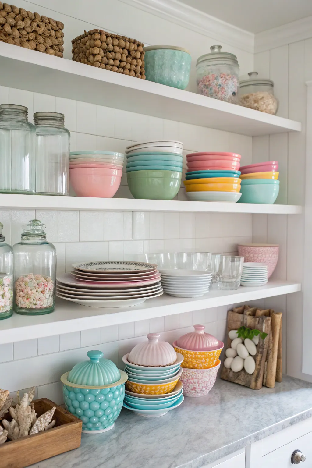 Coastal farmhouse kitchen with open shelves displaying colorful dishware and glass jars.
