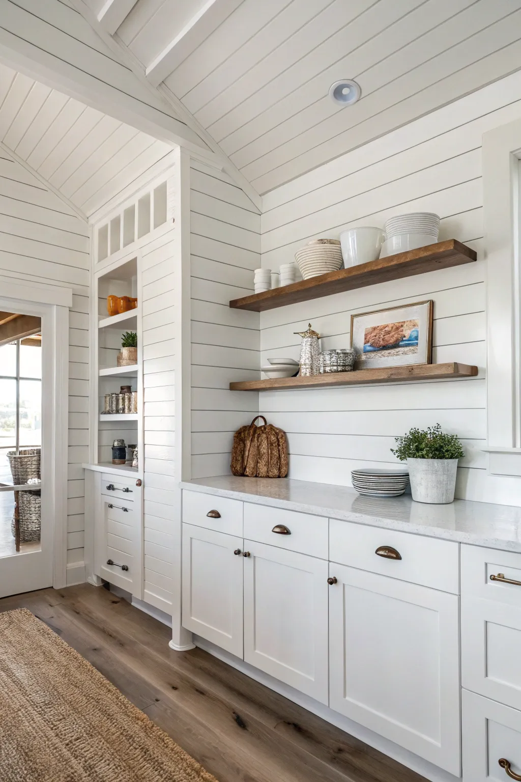 Classic beach cottage kitchen with white shiplap walls.