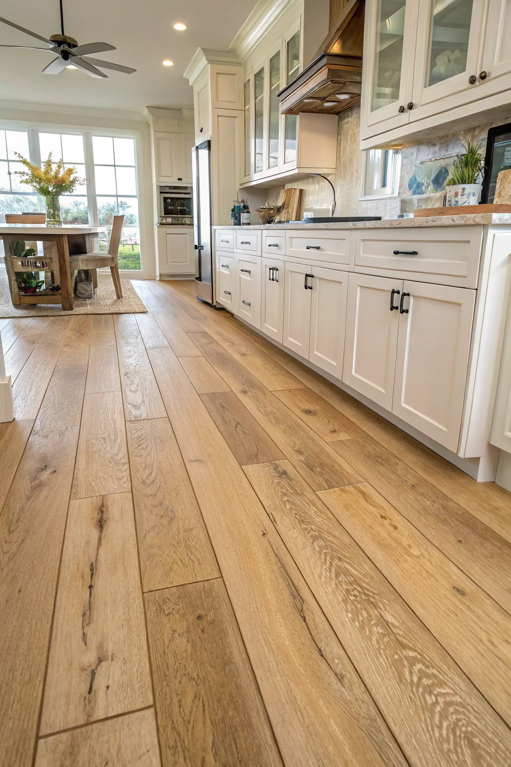 Warm light natural oak flooring in a coastal kitchen.