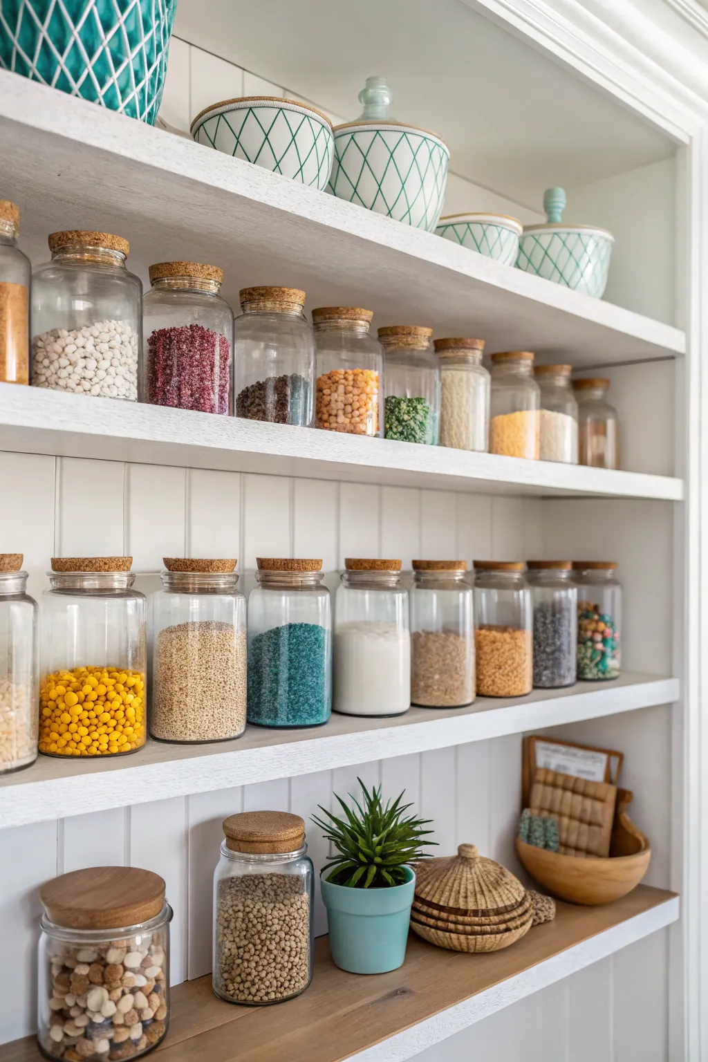 Stylish glass jars storing dry goods on open kitchen shelves.