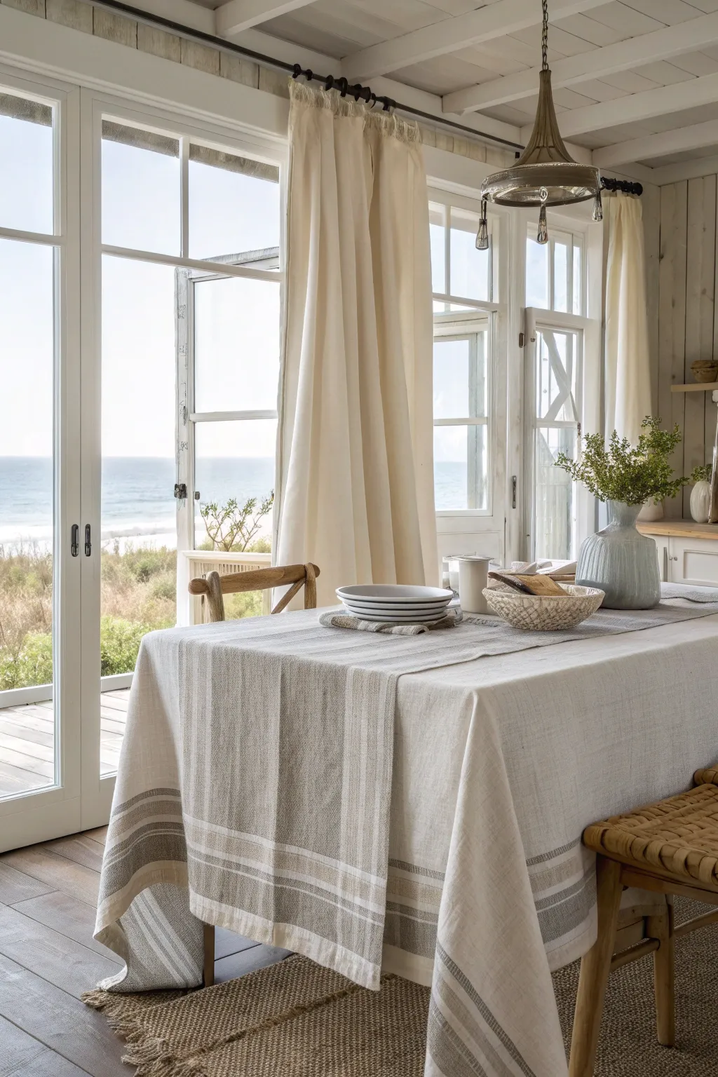 Soft layered linens in neutral tones in a coastal kitchen.
