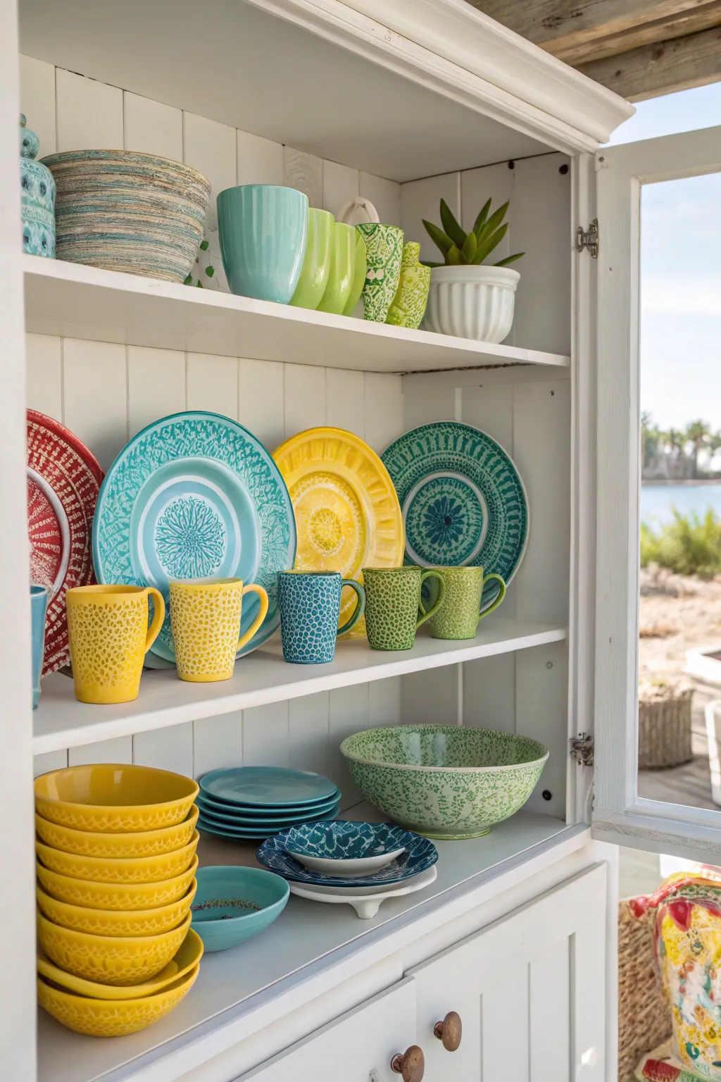 A coastal kitchen with colorful dishware displayed on open shelves, showcasing a cheerful atmosphere.