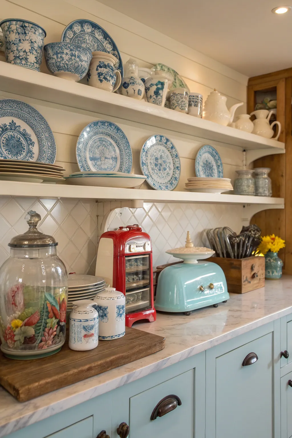 A coastal kitchen featuring vintage dishware and retro gadgets, creating a charming and character-filled atmosphere.
